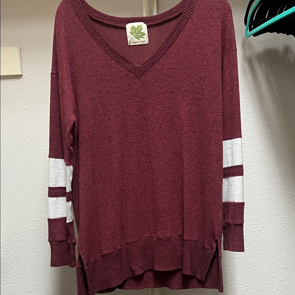 Burgundy V-Neck Sweater with White Stripes